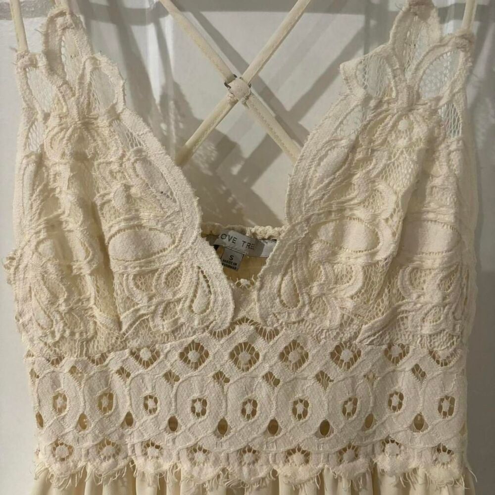 Love Tree Cream Lace Bodice Ruffle Hem Mini Dress Smocked Back Boho Small - Picture 7 of 8